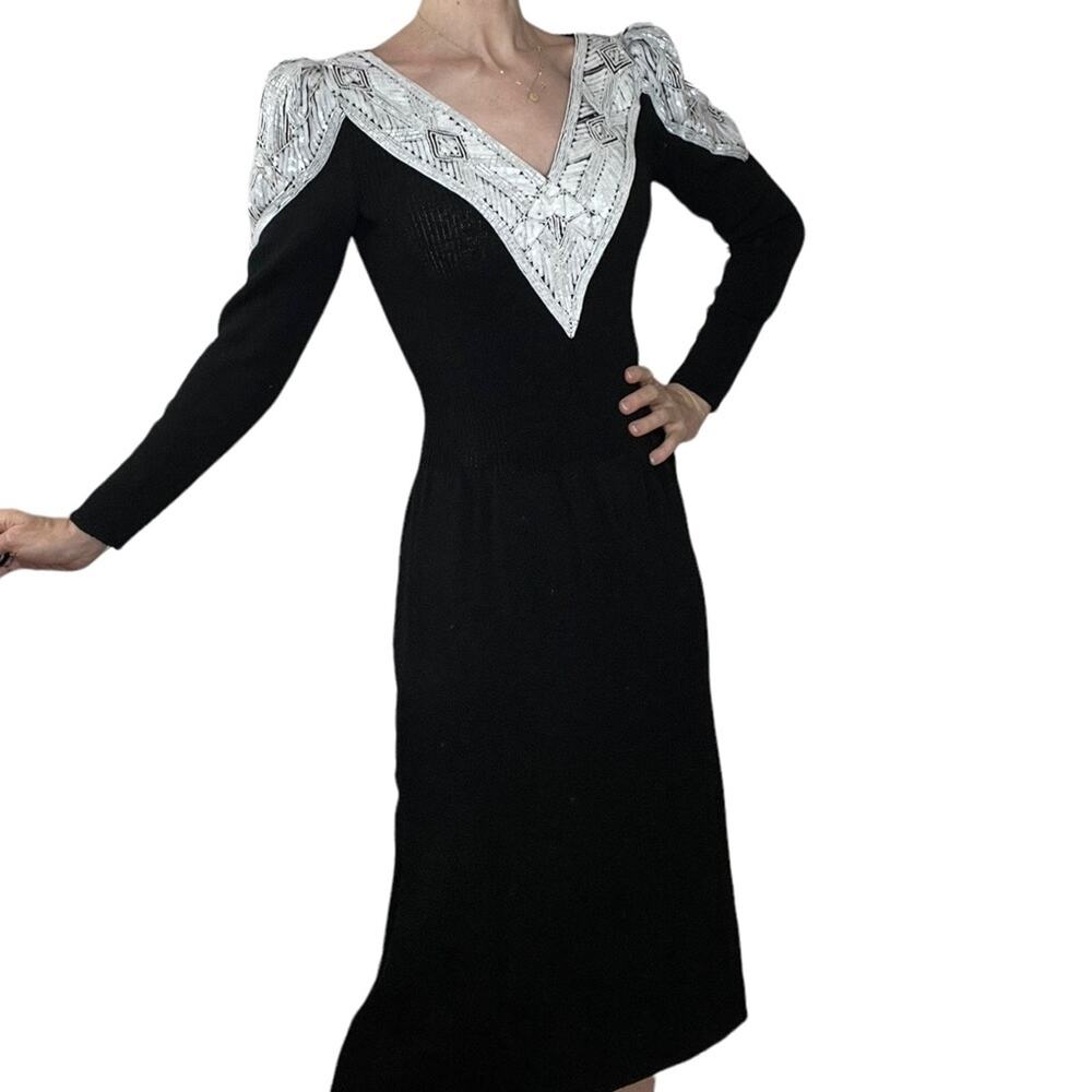 Vintage Pat‎ Sandler for Wellmore knit and beaded dress black white